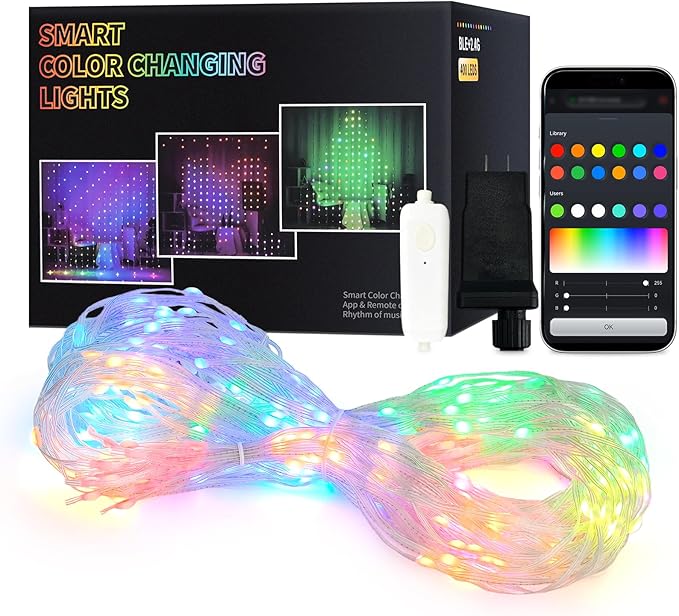 JMEXSUSS App-Controlled Color Changing Curtain Lights, 400 LED RGB String Lights for Halloween, Bedroom, Window, Wall, Party, Backdrop, Christmas, Indoor, and Outdoor Decorations, 6.5x6.5ft