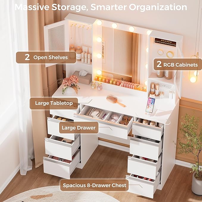 Vanity Desk with Mirror and Lights, 42.52" 9 Drawer Makeup Table with 2 RGB Lighting Cabinets and Power Outlet for Girls and Ladies Bedroom, White