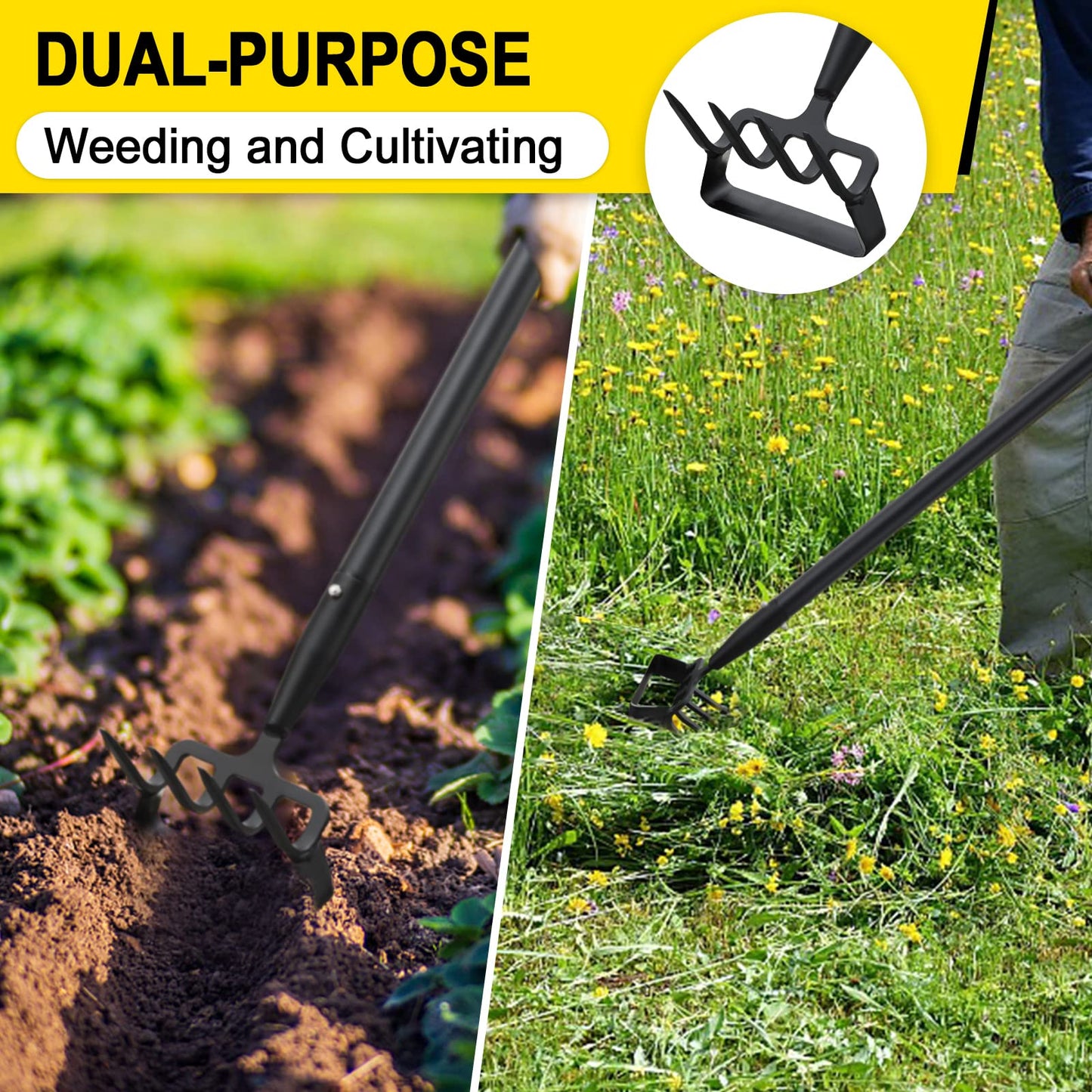 Garden Hoe, Heavy Duty Hula Hoe Garden Tool for Weeding, 62 Inch Cultivator Stirrup Hoe with Adjustable Long Handle, Action Scuffle Loop Hoe with Rake 2-in-1 Gardening Tool for Loosening Pulling Weed