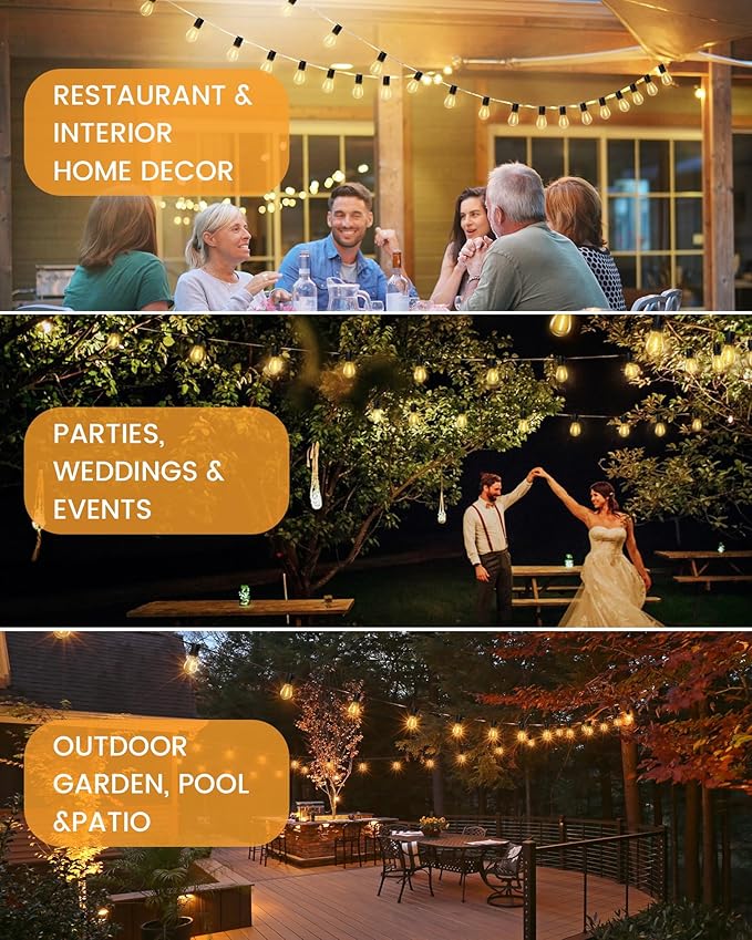 Torkase 60FT Solar Outdoor String Lights, 18+1 Shatterproof LED Bulbs, Waterproof, USB Rechargeable, 2200K Warm White, Energy-Saving Hanging Patio Lights for Garden, Porch, Bistro, Deck, Camping