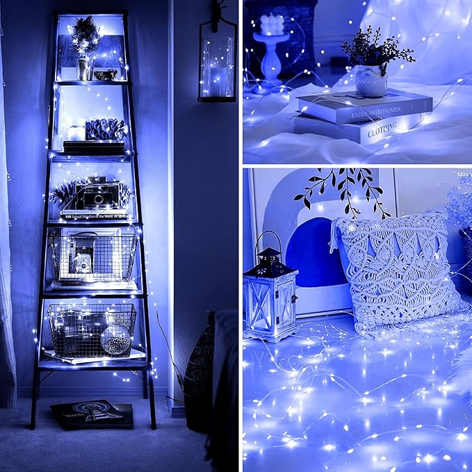 Fairy Lights 66ft 200 LED USB Twinkle String Lights Plug in Silver Wire Lights with Remote and Timer 8 Modes Outdoor Waterproof Starry Lights DIY Party Wedding Christmas Decoration（Blue）
