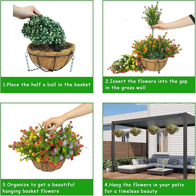 Artificial Hanging Plants Flowers with Basket for Spring Summer Outdoor Decoration, Yellow Purple White Orange