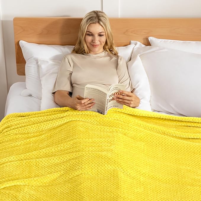 Exclusivo Mezcla Fleece Bed Blanket Queen Size, Super Soft and Warm Blankets for Couch, Sofa and Bed Waffle Textured, Cozy, Fuzzy and Lightweight (Vibrant Yellow, 90x90 Inches)