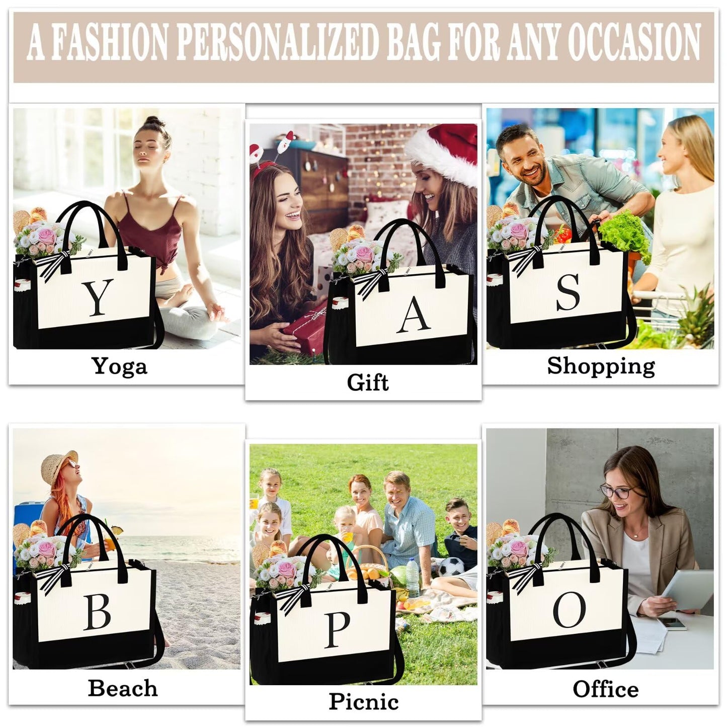 YOOLIFE Personalized Birthday & Mothers Day Gifts For Mom Friends Female Teacher Graduation Bridal Shower Bridesmaids Proposal Gifts Travel Beach Initial Tote Bag for Women J