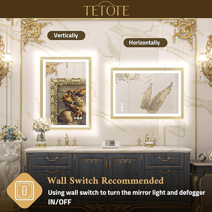 TETOTE Gold LED Mirror for Bathroom 55x30 Metal Frame Frontlit & Backlit Lighted Vanity Mirror Baroque Anti Fog Stepless Dimmable White/Warm/Natural,CRI90+,Wall Mounted(Horizontal/Vertical)