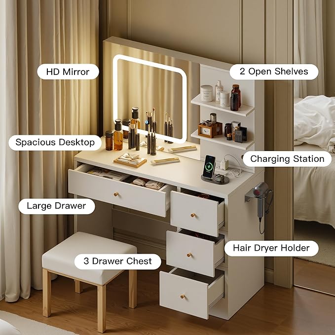 Makeup Vanity Desk with Mirror and LED Lights, White Vanity Table with Charging Station, 3 Open Storage Shelves & 4 Drawers, Dressing Table with 3 Color Modes & Adjustable Brightness for Bedroom