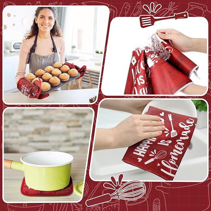 Fourluoo 10 Pcs Farmhouse Kitchen Decor and Accessories Set 4 Kitchen Towels 2 Pot Holders 2 Oven Mitts 2 Rugs for Cooking Baking Mom Housewarming Gifts(Red,Classic Style)