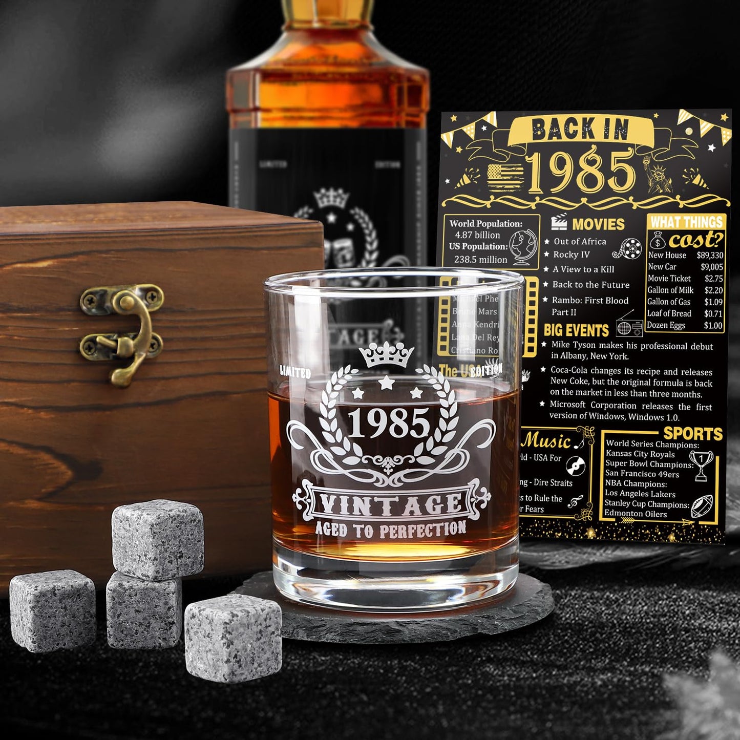 YeohJoy 40th Birthday Gifts for Men,Vintage 1985 Whiskey Glass Set,Wood Box & Whiskey Stones & 1985 Poster Anniversary Card & Coaster,Birthday Gifts Ideas for Him,Husband,Dad