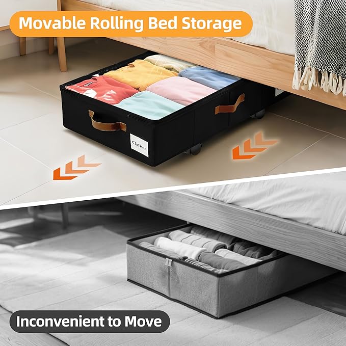 2 Pack Under Bed Storage with Wheels – 30.5×17×6.5 Inch, Underbed Storage with Sturdy Sidewalls/Bottom, Clear Cover, Label and PU Handle, Rolling Under Bed Drawers for Clothes, Shoes, Toys, Blankets