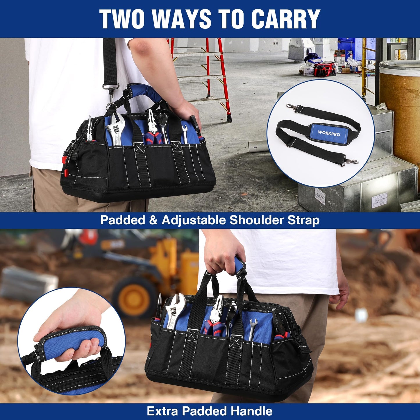WORKPRO 16-inch Wide Mouth Tool Bag with Water Proof Molded Base