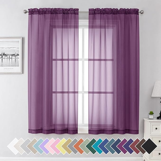 Aiyufeng Plum Purple Sheer Curtains 63 Inches Long 2 Panels Set, Solid Voile Top Dual Rod Pockets Stylish Breathable Drapes Window Treatment for Kid's Room/Bedroom/Living Room, 40W x 63L inches