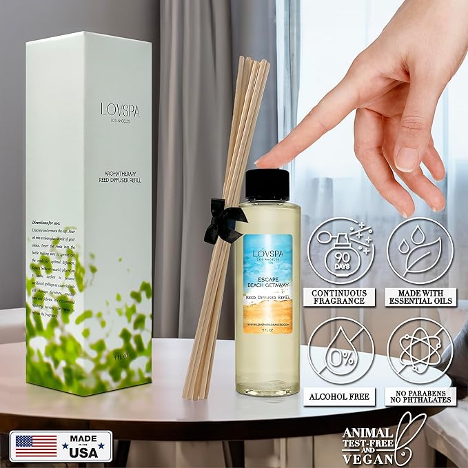 LOVSPA Escape Beach Getaway Diffuser Oil - Luxury Essential Oils for Diffuser Refill & Air Freshener Room Spray - Long-Lasting & Natural Home Fragrance, Scented Oil for Diffusers, USA Made, 4oz