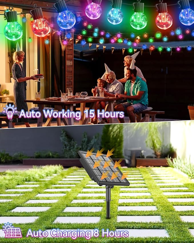 Solar String Lights Outdoor Waterproof,50FT 25LEDs Warm White & Multicolor Hanging Lights G40 Globe Solar Powered String Lights Outdoor with 8 Modes,Timer,Solar String Light for Outside Patio Yard