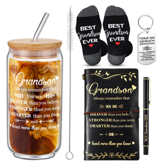 Teenyyou 5 Pcs Grandson Gifts from Grandma Grandpa Birthday Christmas Back to School Wedding Funny 16 oz Glass Cups Best Grandson Ever Socks Keychain Leather Refillable Journal Notebook Ballpoint Pen