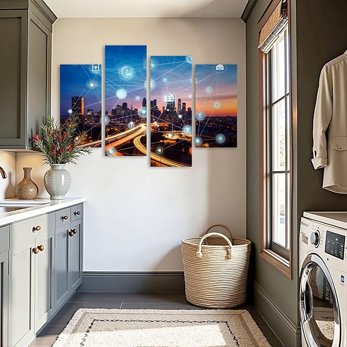 Canvas Wall Art Prints Pictures smart city wireless communication network Framed Posters Modern Wall Painting Artwork Gift Home Decor for Living Room Ready to Hang 4 Panel