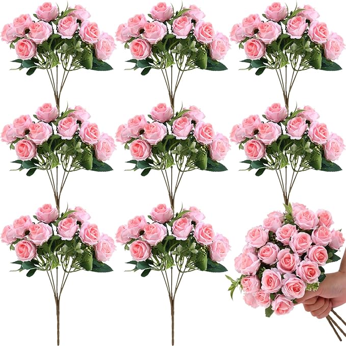 Zeyune 8 Pack 12 Inch Valentines Artificial Rose Bouquet Silk Roses Flowers Bunches Bulk Fake Roses for Wedding Bridal Home Office Garden Parties Decoration(Light Pink)