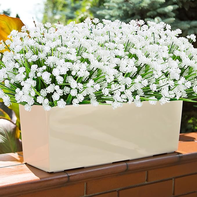 Ouddy Decor 24 Bundles Artificial Flowers for Outdoors UV Resistant Fake Plastic Plants Faux Boston Fern Greenery Stems for Spring Summer Indoor Garden Patio Window Box Kitchen Home Decor, White