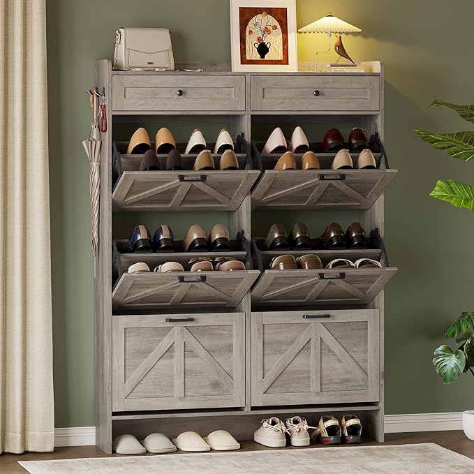 Shoe Cabinet for Entryway, Farmhouse Shoe Storage Cabinet with 6 Flip Drawers and 2 Top Drawers, Tall Narrow Shoe Organizer Cabinet with Adjustable Shelves, Side Hooks and Anti-Tip Kit