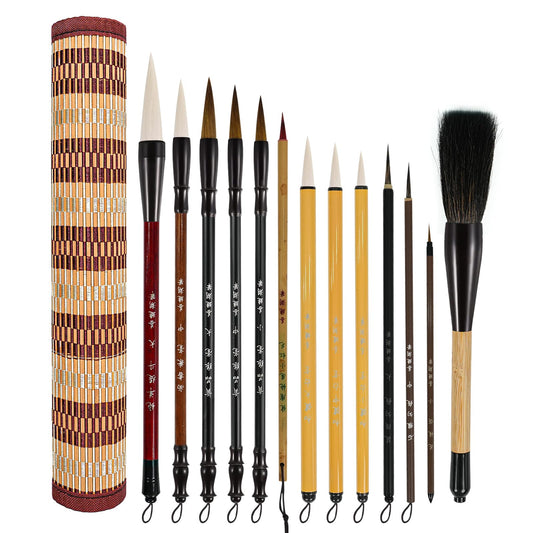 Corciosy 13PCS Chinese Calligraphy Brush Set, Writing Brush with Bamboo Storage Scoll, Japanese or Chinese Kanji Sumi-E Drawing Watercolor Brush