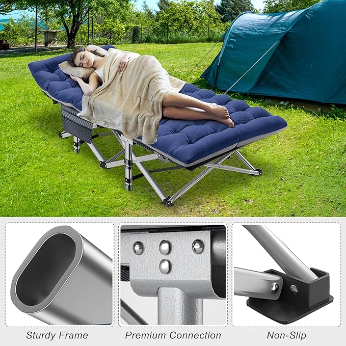 ABORON 2 Pack Folding Camping Cot W/Mat for Adults, Heavy Duty Outdoor Bed with Carry Bag,1200 D Layer Oxford Travel Camp Cots