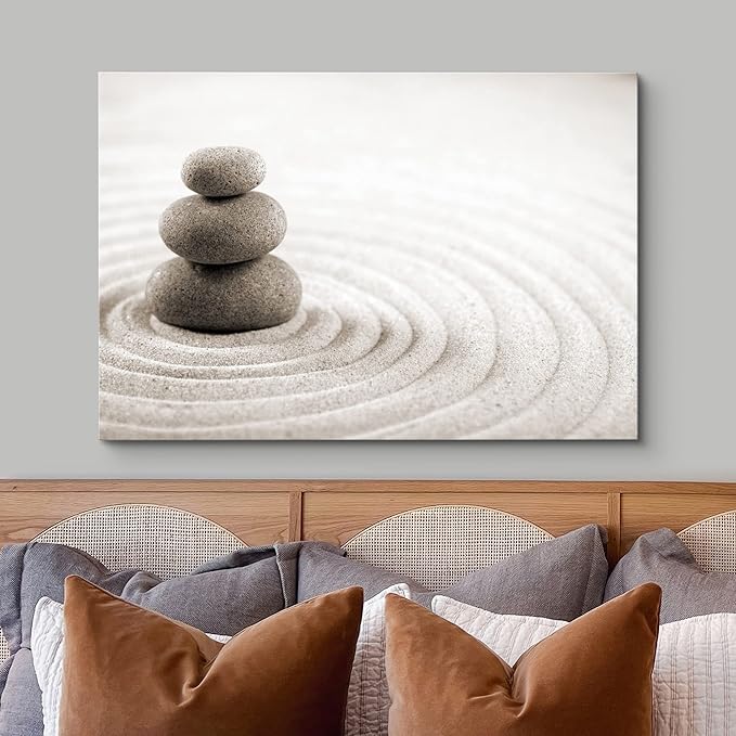 wall26 Canvas Print Wall Art Rock Stack On Gray Zen Sand Garden Floral Nature Photography Realism Bohemian Scenic Relax/Calm Cool for Living Room, Bedroom, Office - 24"x36"