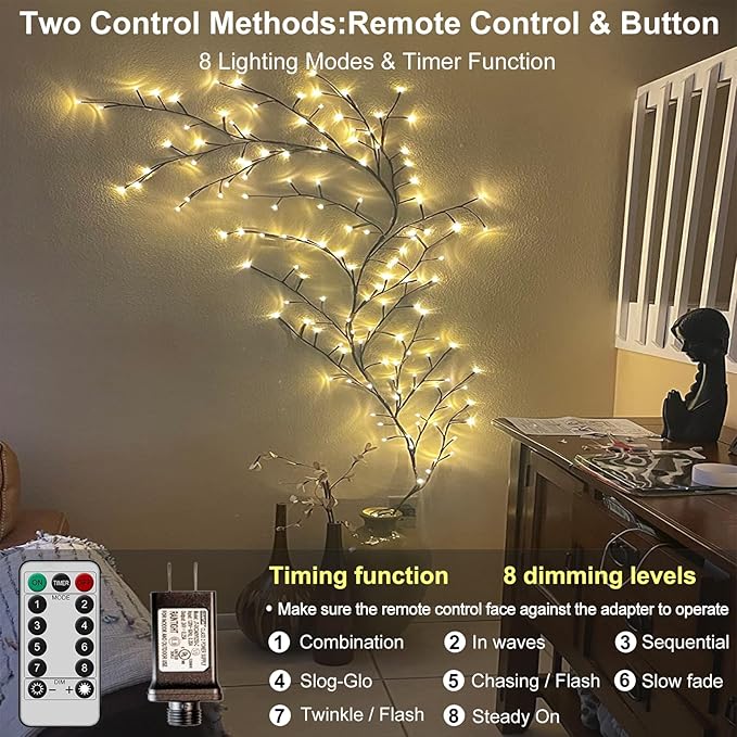 Vines for Home Decor with Remote, 7.5Ft Christmas Swags Decorations Indoor Artificial Plants Tree Branches 144 LEDs Lighted Willow Vine Lights for Walls Bedroom Living Room Decor Aesthetic (1PCS)