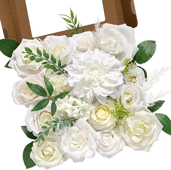 Alecono Artificial Flowers, White Silk Fake Flowers for DIY Wedding Bridal Bouquets, Cake Flowers for Table Centerpieces Baby Shower Party Home Decorations
