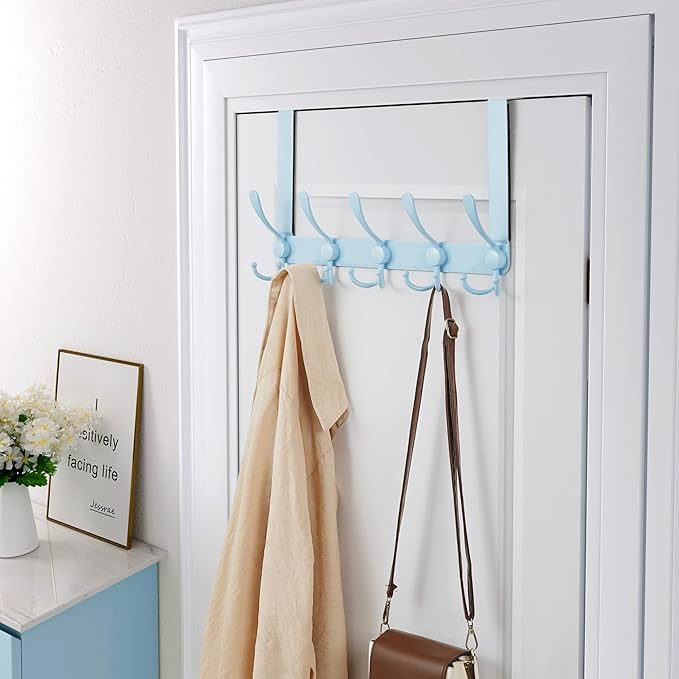 Dseap Over The Door Hook Hanger - Fits 1 3/8" to 1 3/4" Standard Doors | 5 Tri Hooks Heavy Duty Towel/Coat Rack | Door Organizer for Clothes, Jackets, Hats, Towels, Blue, Pack of 2