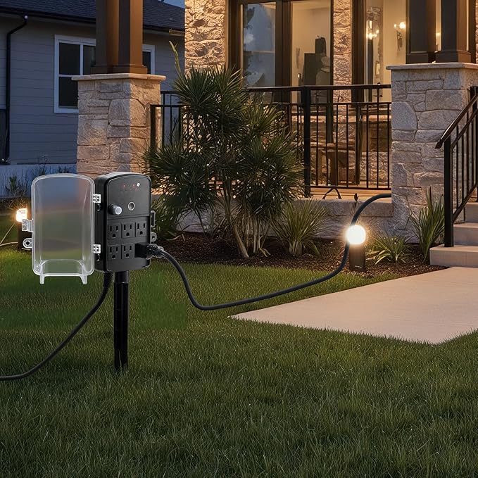 VEVOR Outdoor Power Stake Timer, 50FT Extension Cord, Remote Control Outdoor Power Strip with Cover, Dusk to Dawn Light Timer Waterproof, 6 Outlets for Halloween Christmas Lights, Garden Decorations