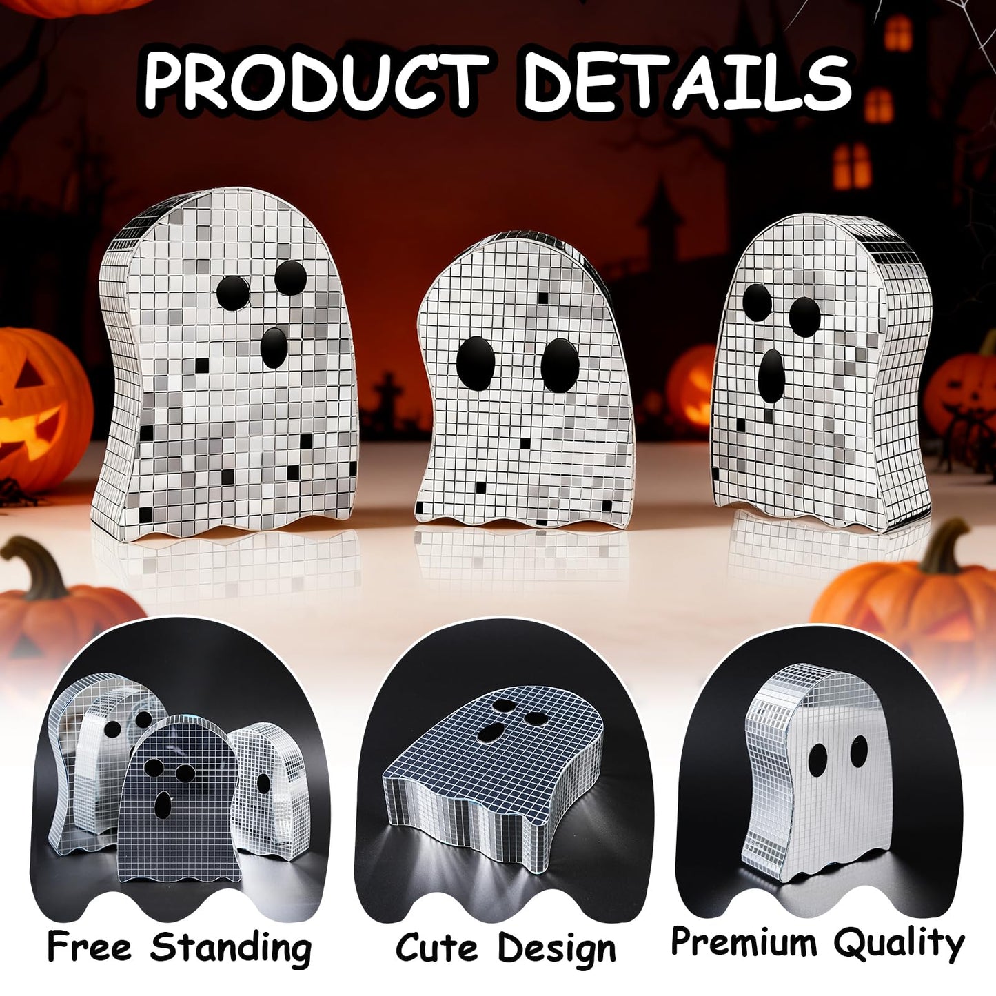 3 Pcs Halloween Disco Ghost Decor,5.9" 7"" 8.2"" Ghost Mirror Disco Ball Indoor Glitter Spooky Ghost Sign Halloween Tiered Tray Decor Mosaic Table Centerpiece for Party Gift (Silver)"
