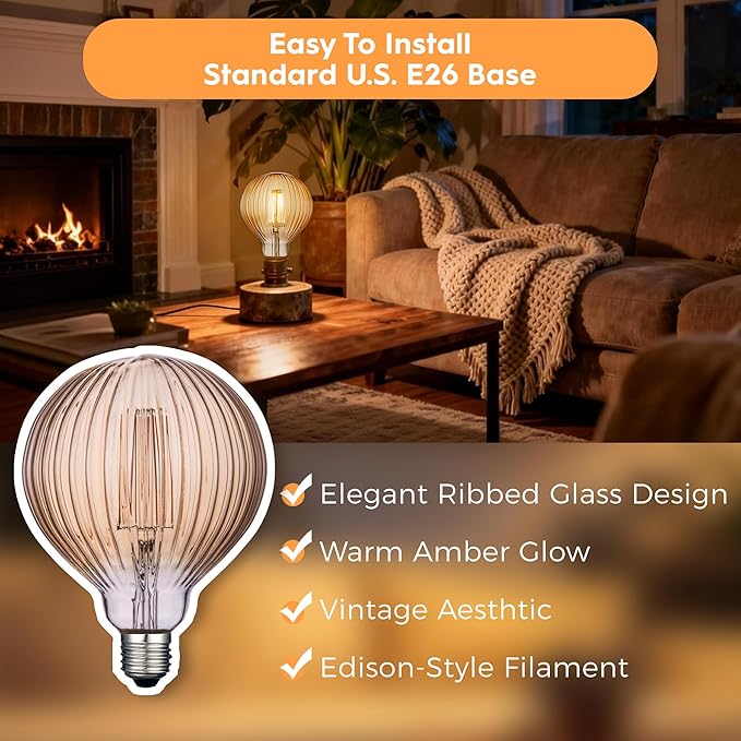 Light Bulbs, 4W Dimmable Decorative Large Unique Amber Globe G125 Edison LED Bulbs with Squirrel Cage Filament, E26 Medium Base, 2200K Warm Ambient Mood Lighting for Indoor Decoration, 1 Pack