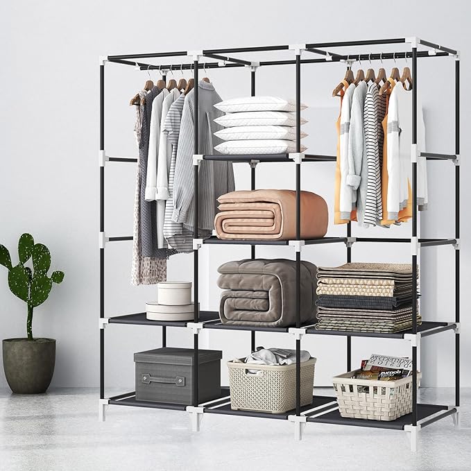 Portable Closet, 51 Inch Wardrobe Closet for Hanging Clothes with 2 Hanging Rods, 8 Storage Organizer Shelves for Bedroom, Durable and Easy to Assemble, Grey