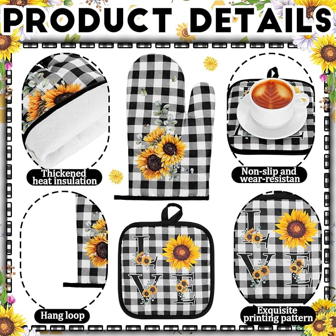 10 Pcs Sunflower Kitchen Decor 4 Black and White Buffalo Plaid Dish Towels 2 Buffalo Check Pot Holders 2 Rustic Sunflower Oven Mitts 2 Yellow Rugs for Cooking Baking Mom Housewarming Gift