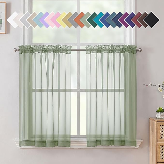 Aiyufeng Sage Green Sheer Curtains, 36 Inch Long, 2 Panels - Kitchen & Bathroom Cafe Curtains, Rod Pocket, 40" W x 36" L