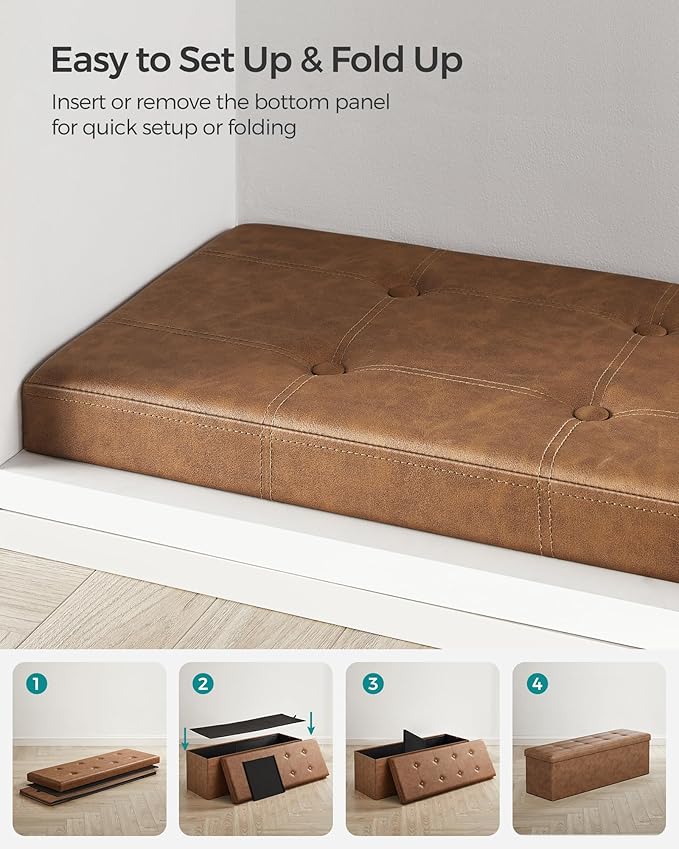 SONGMICS Mazie Collection - 43 Inches Folding Storage Ottoman Bench, Ottoman with Storage, Foot Rest Stool, Load 660 lb, Living Room, Bedroom, Entryway, Synthetic Leather, Coffee Brown ULSF070K01