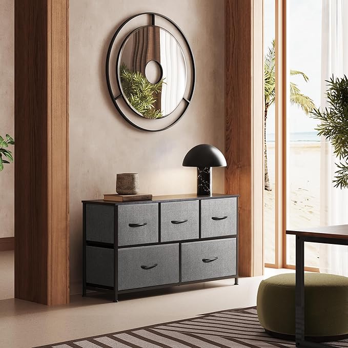 WLIVE Dresser for Bedroom with 5 Drawers, Wide Chest of Drawers, Fabric Dresser, Storage Organizer Unit with Fabric Bins for Closet, Living Room, Hallway, Dark Grey