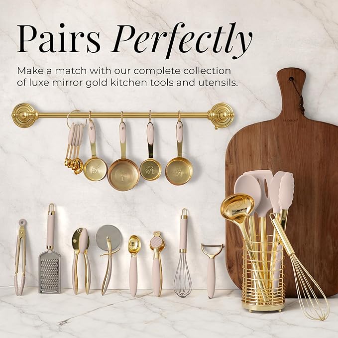 Gold and Beige Kitchen Utensils Set – 8 PC Cooking Gadgets with Mini Gold Whisk and Tongs, Pizza Cutter, Garlic Press, Cheese Grater, Peeler, Can Opener, Scoops – Stylish Beige Kitchen Accessories