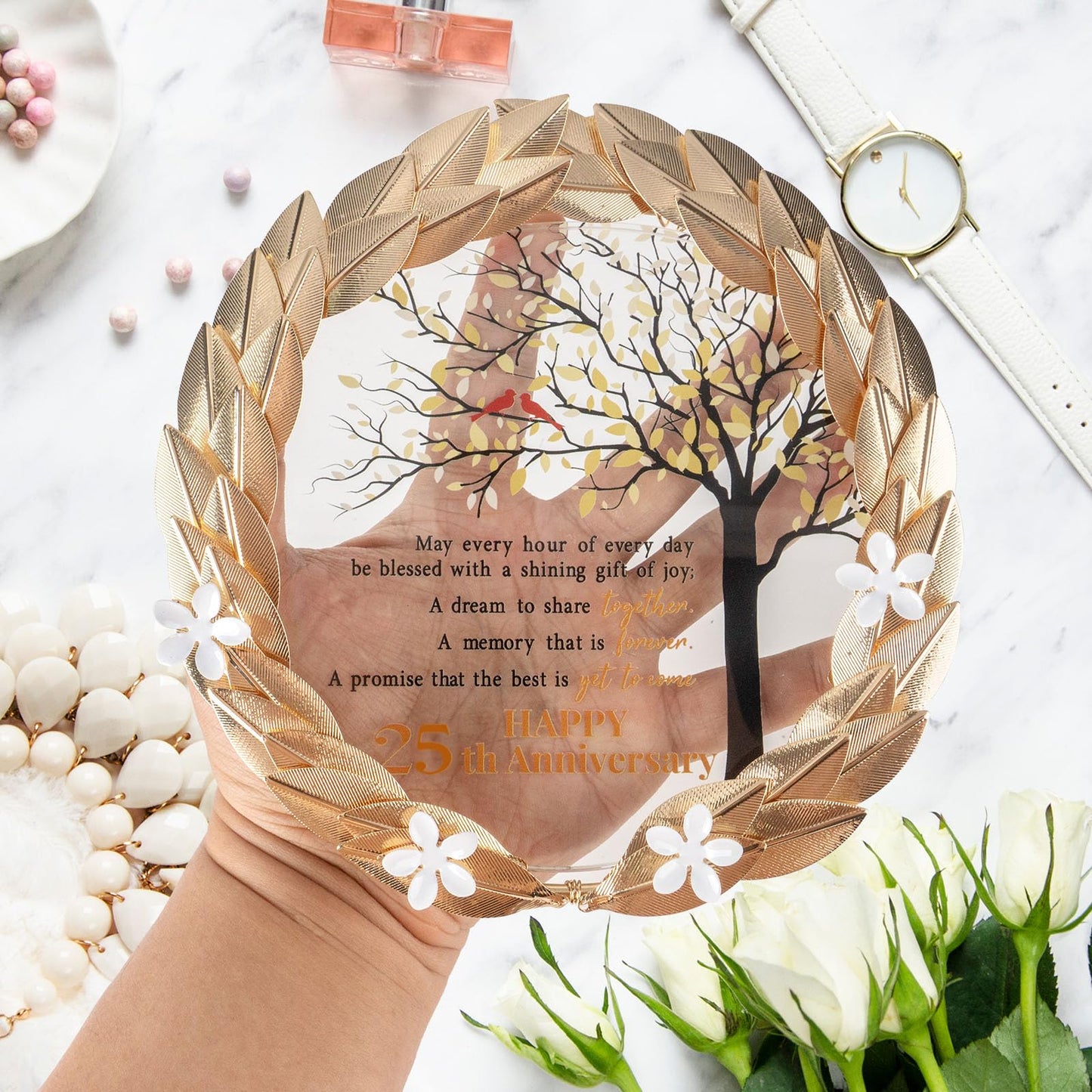 25th Anniversary Wedding Gifts Crystal Plate with Gold Leaf Wreath - 25 Years Anniversary Wedding Unique Gifts Ideas for Parents Couple - Cardinal Style