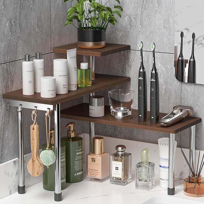 ZHWS Bathroom Counter Organizer for MakeUps, Dresser Table, Kitchen Countertop Organizer Adjustable 3 Tier Corner Shelf with 4 Metal Hooks for Coffee Bar, Spice Rack, Over Sink