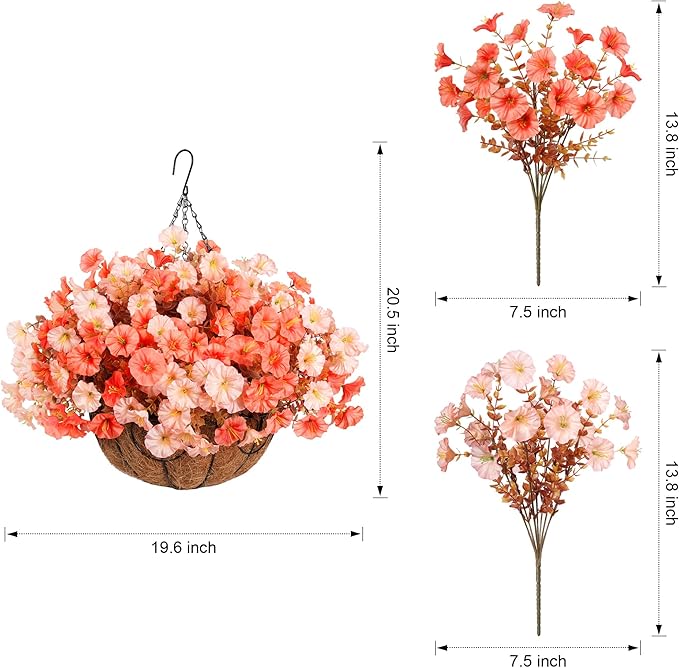Artificial Fake Hanging Flowers with Basket for Fall Decoration, 12 Bundles Faux Silk Morning Glory Plants for Outdoor Planters, Realistic UV Resistant Artificial Flowers for Outside Porch Garden
