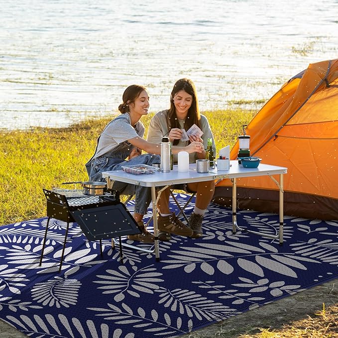StepRite Outdoor Rug, Patio Rug, Plastic Straw Camping Rugs, Large Waterproof Area Rug and Mat for Outdoors, RV, Patio, Backyard, Deck, Porch, Beach, Balcony, (5'x 8', White & Blue)