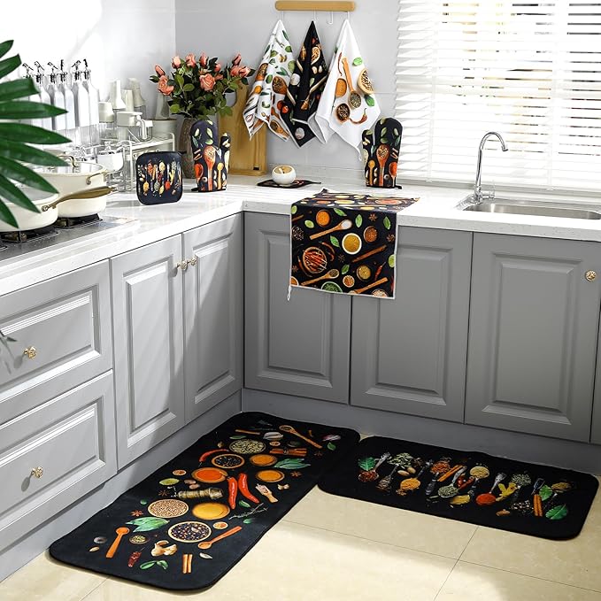 Fourluoo 10 Pcs Farmhouse Kitchen Decor and Accessories Set 4 Kitchen Towels 2 Pot Holders 2 Oven Mitts 2 Rugs for Cooking Baking Mom Housewarming Gifts(Vivid Color,Colorful Spices)