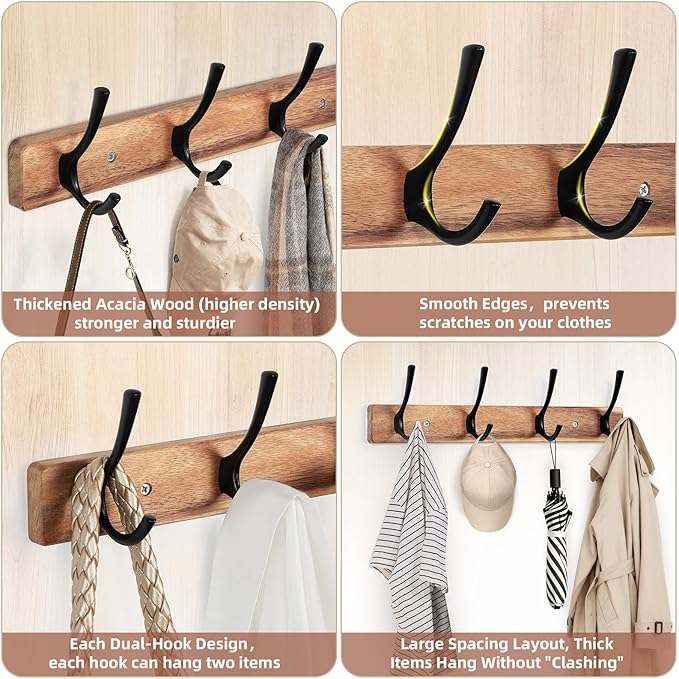 Yangbaga Coat Rack Wall Mount,Acacia Wood Coat Hooks Wall Mount,15" Wall Coat Rack with Heavy Duty 4-Double-Hooks,Hat Rack Wall Coat Hanger for Towel/Dog’s Leashes/Coat/Bag