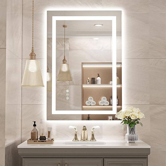 USHOWER LED Bathroom Mirror 24x36 Inch with Lights - Frameless Tempered Glass LED Backlit Lighted Mirror for Bathroom Vanity with Anti-Fog, 3 Colors Dimmable, Memory Function, Wall-Mounted