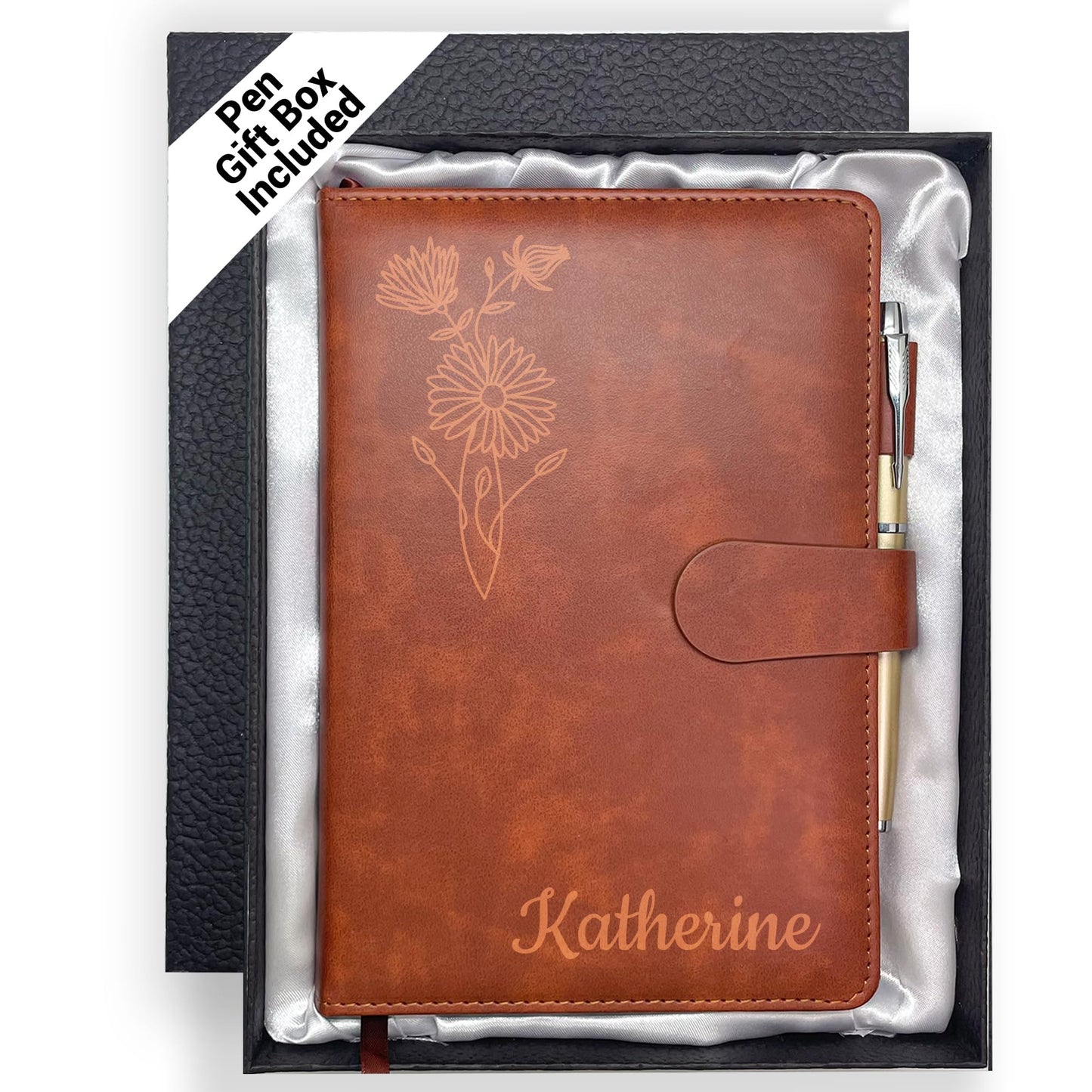 Personalized Leather Journal with Gifts Box & Pen, Custom Notebooks Diary with Engraved Birth Flower Name, Birthday Gifts for Women, Christmas Office Gift for Bridesmaid Students Teacher Mom Friend