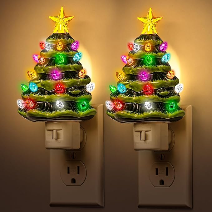 DORESshop Ceramic Christmas Tree Night Light, 3000K Night Lights Plug into Wall, Cute & Funny Christmas Decor Night Light for Kids, Plug in Nightlight with 360° Rotatable, Holiday Party Decor, 2 Pack