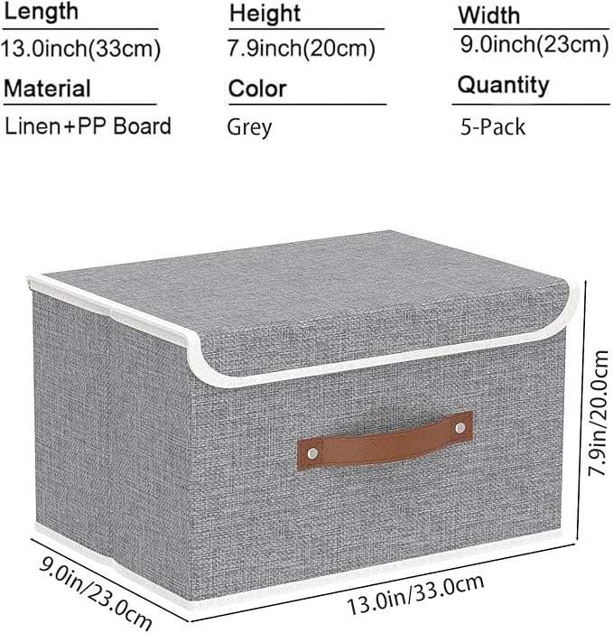 Yawinhe Collapsible Storage Boxes, Foldable Bin with Lids, Cube Clothes Organizer Basket with Handles, Grey, 13.0''Lx9.0''Wx7.9''H, 5-Pack, SNK024GS-5