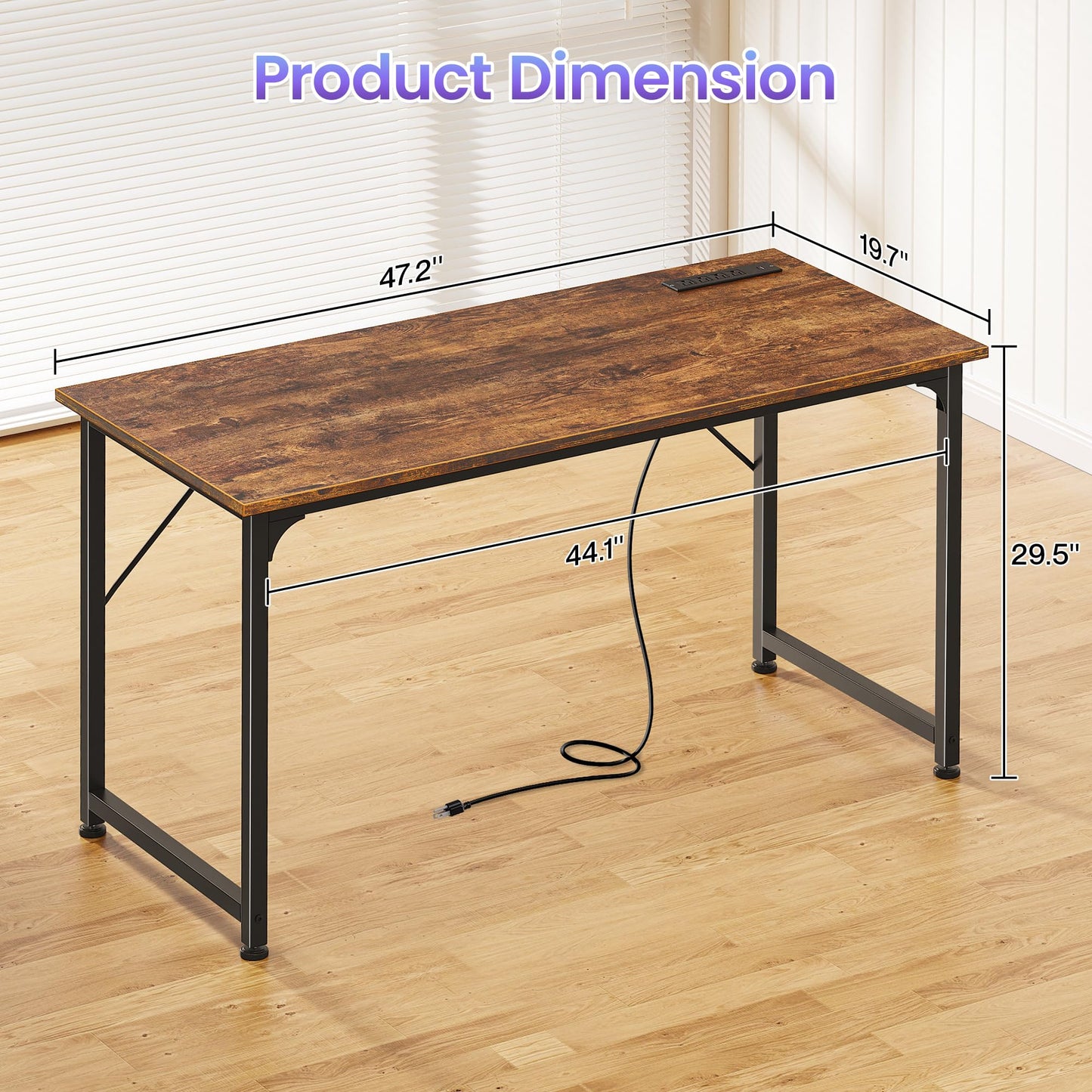 PRAISUN 47 X 20 Inch Office Computer Desk with Power Outlets and USB-C Port, Larger Gaming Desk, for Home Office, Study, Bedroom, Writing Work from Home Table, Metal Frame, Rustic Brown