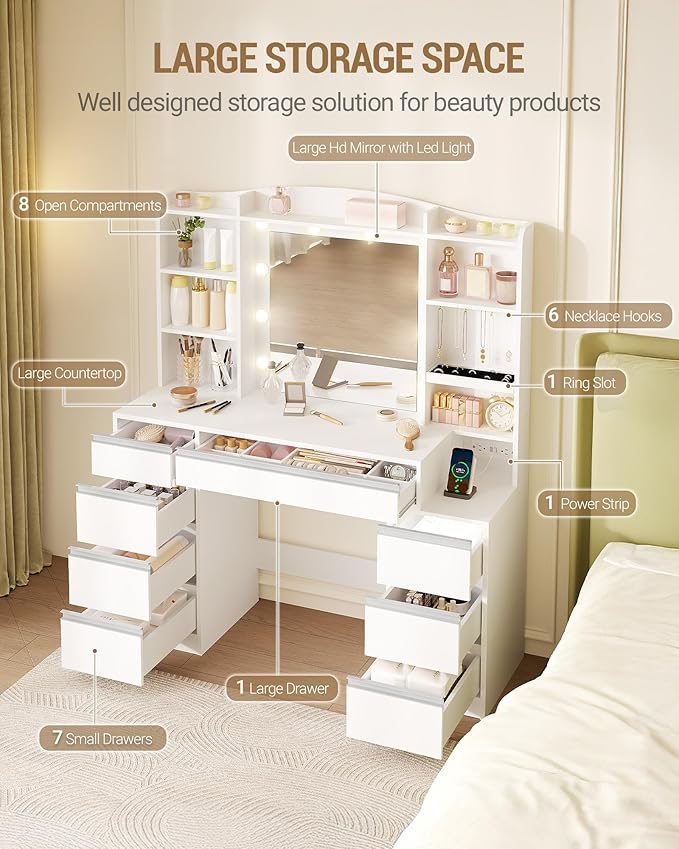 Vanity Desk with Mirror, Makeup Vanity with RGB Led Lights,Dressing Table with Power Strip,8 Drawers & 8 Storage Shelves, 47.2inch Desktop, Modern, White