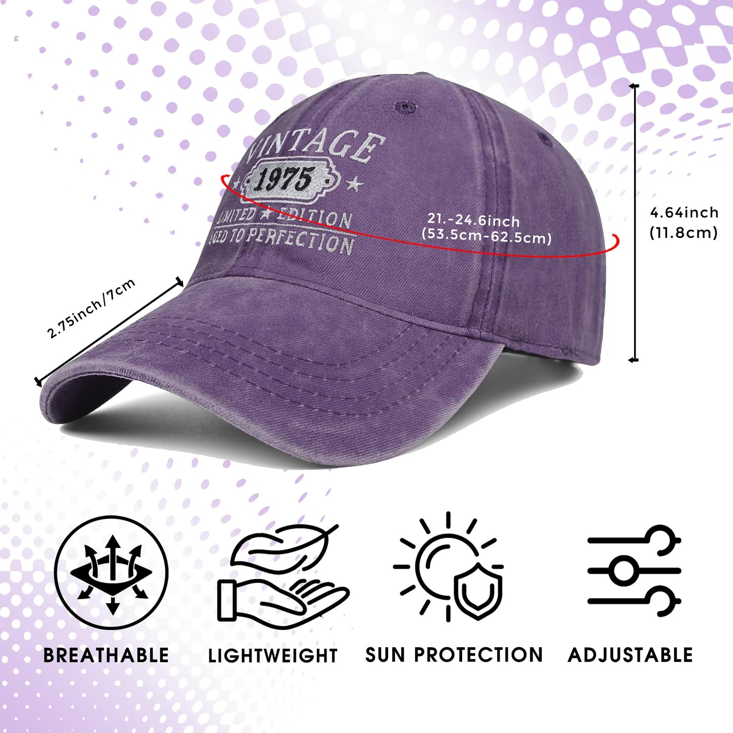 50th Birthday Gifts for Her Him Vintage 1975 Embroidered Black Baseball Cap Women Men Purple
